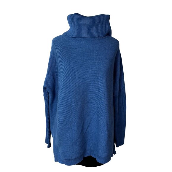 Oversized Blue Turtleneck Sweater Long Sleeve Ribbed Knit Large - Picture 1 of 10